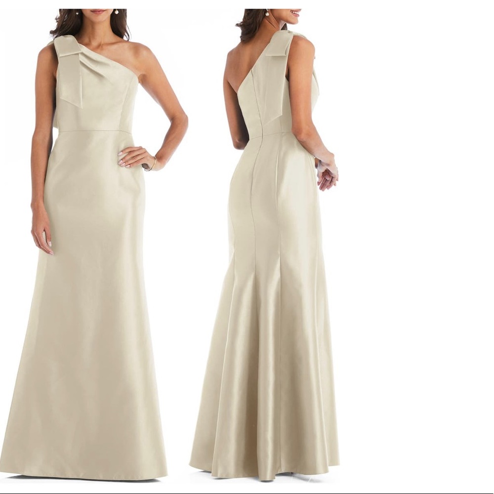 Alfred Sung Bow One-Shoulder Satin Trumpet Gown